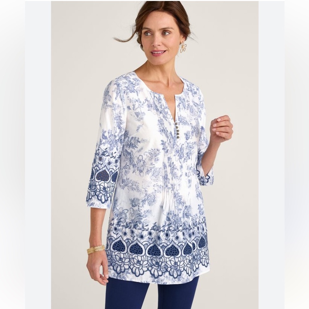 Soft Surroundings Nimes Tunic Sz Med Petite Blue White Cotton Nautical Coastal
